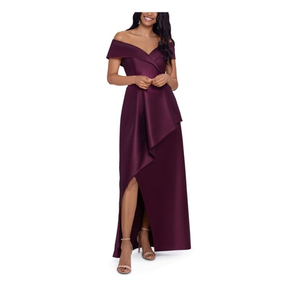 XSCAPE Womens Burgundy Draped Asymmetrical Skirt Lined Short Sleeve Dress 14